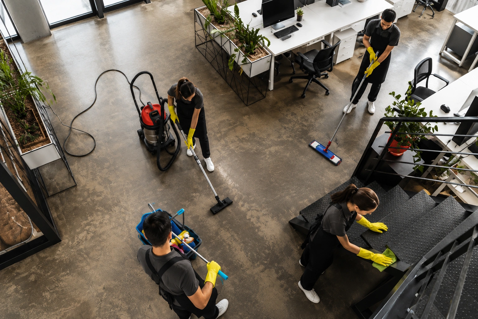 Commercial cleaners vacuuming and mopping an office